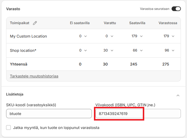 Shopikassa Shopify barcode EAN