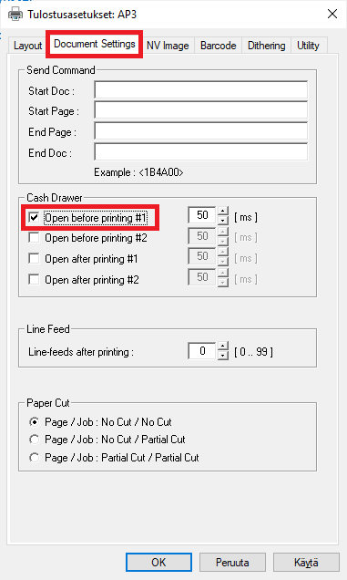Opening the cash drawer. Document Settings -> Cash Drawer -> Open before printing #1.